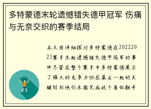 多特蒙德末轮遗憾错失德甲冠军 伤痛与无奈交织的赛季结局